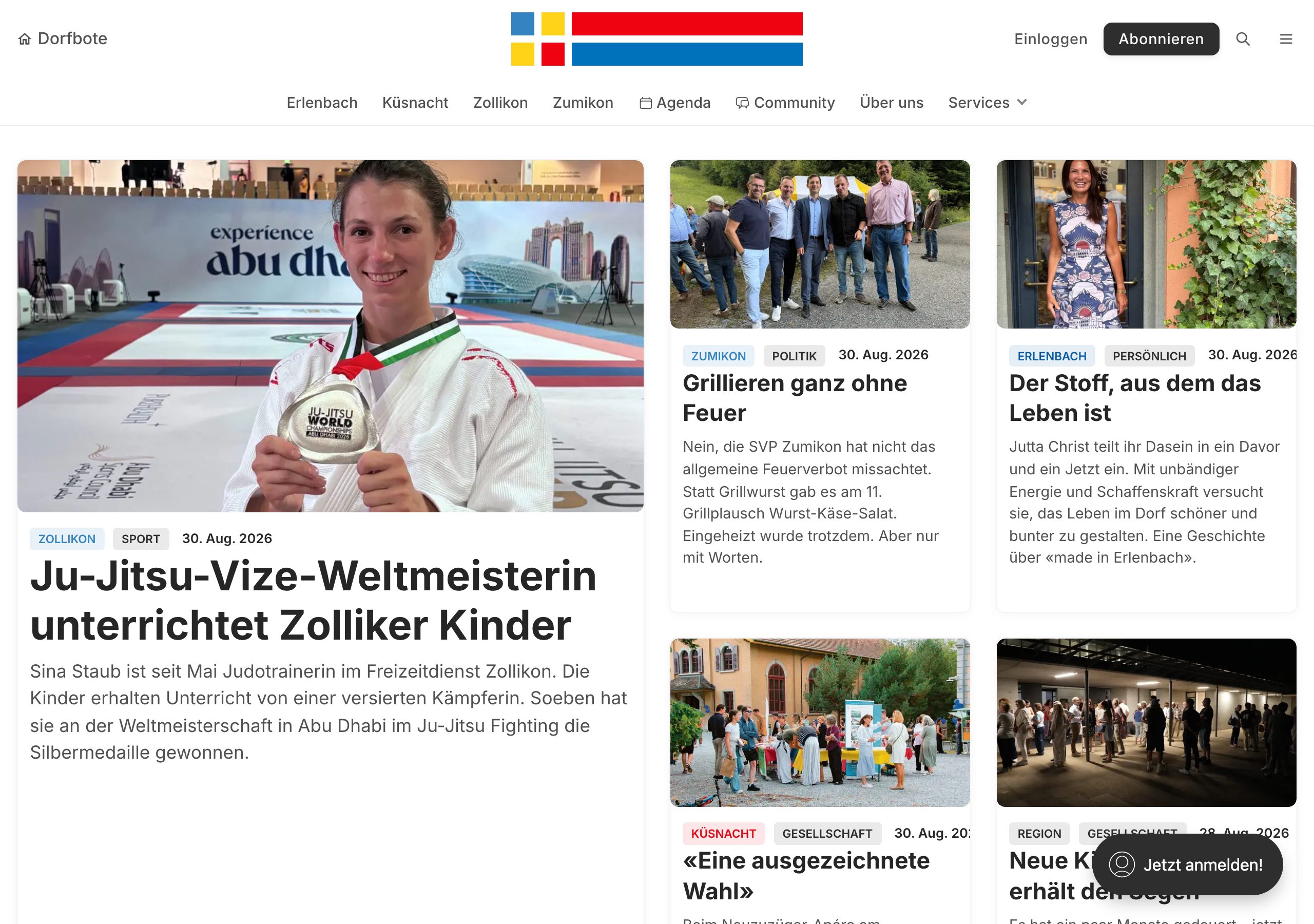 Startseite von dorfbote.ch mit tagesaktuellen Beiträgen aus den vier Gemeinden